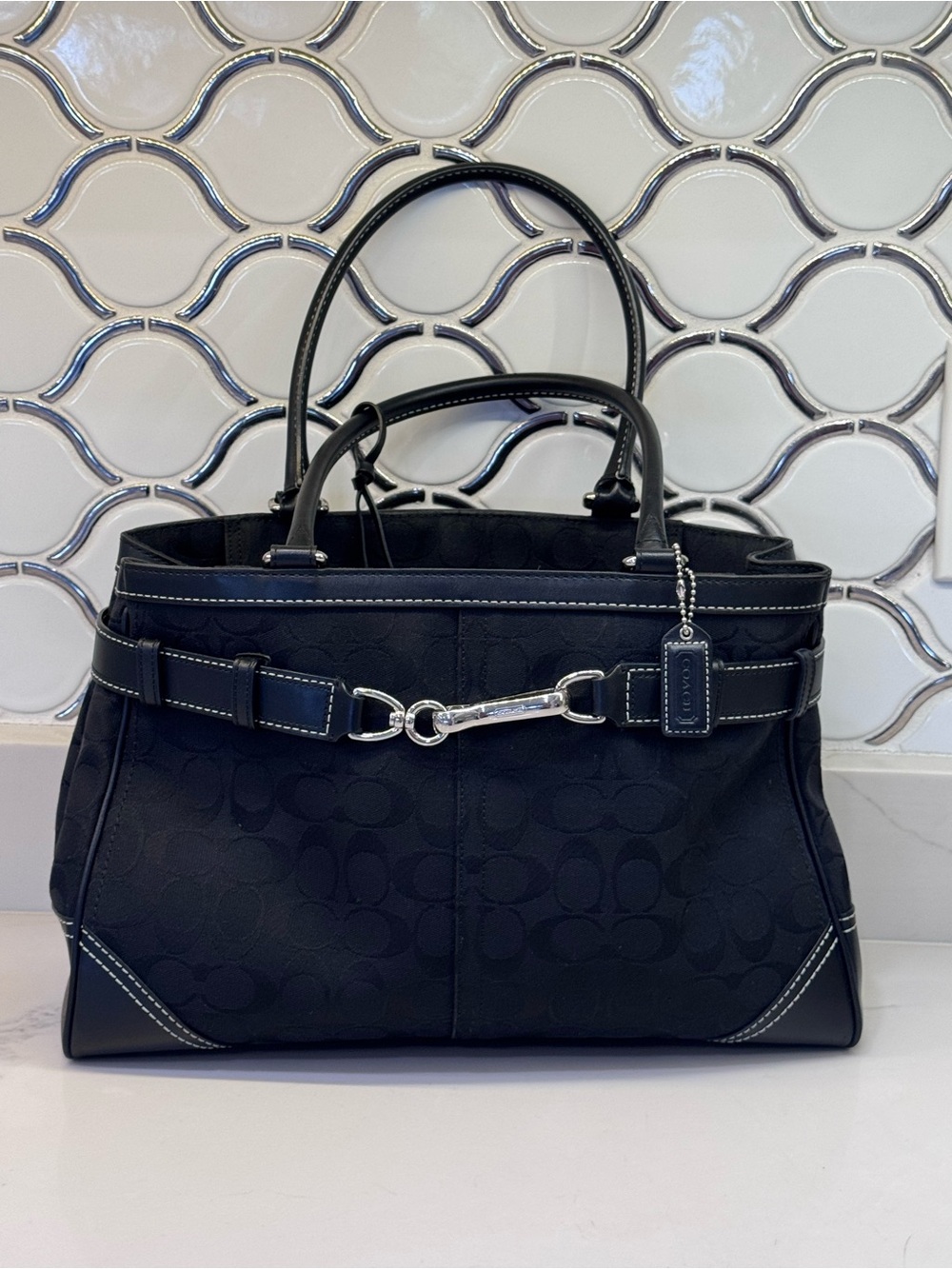 Coach Black Signature Canvas Satchel with Silver Hardware